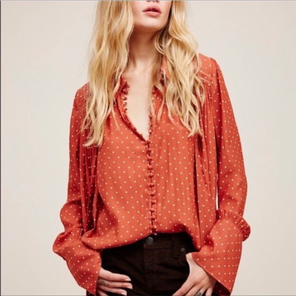 Free People Tops - FREE PEOPLE TERRACOTTA POLKA DOT KENNEDY BLOUSE